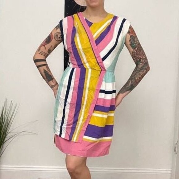 Slate & Willow Combo Striped Faux Wrap Dress Cap Sleeve Size 8 Pink/Yellow - Picture 5 of 16